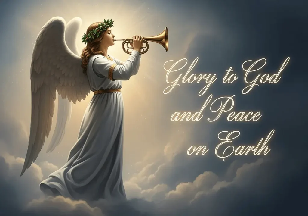 An AI-generated image of an angel blowing a trumpet and the words "Glory to God and Peace on Earth"